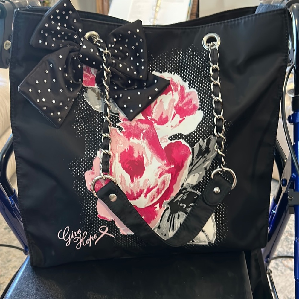 Black and white house market give hope black tote with pink rose give hope